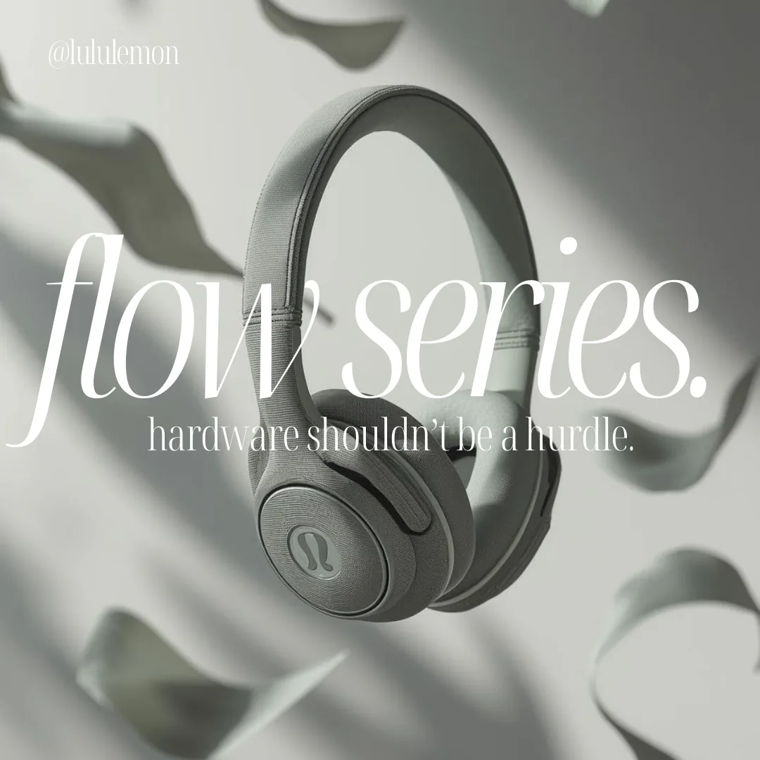 First Instagram carousel slide: grey fabric headphones floating among sage ribbons, with the words 'flow series. hardware shouldn't be a hurdle.'