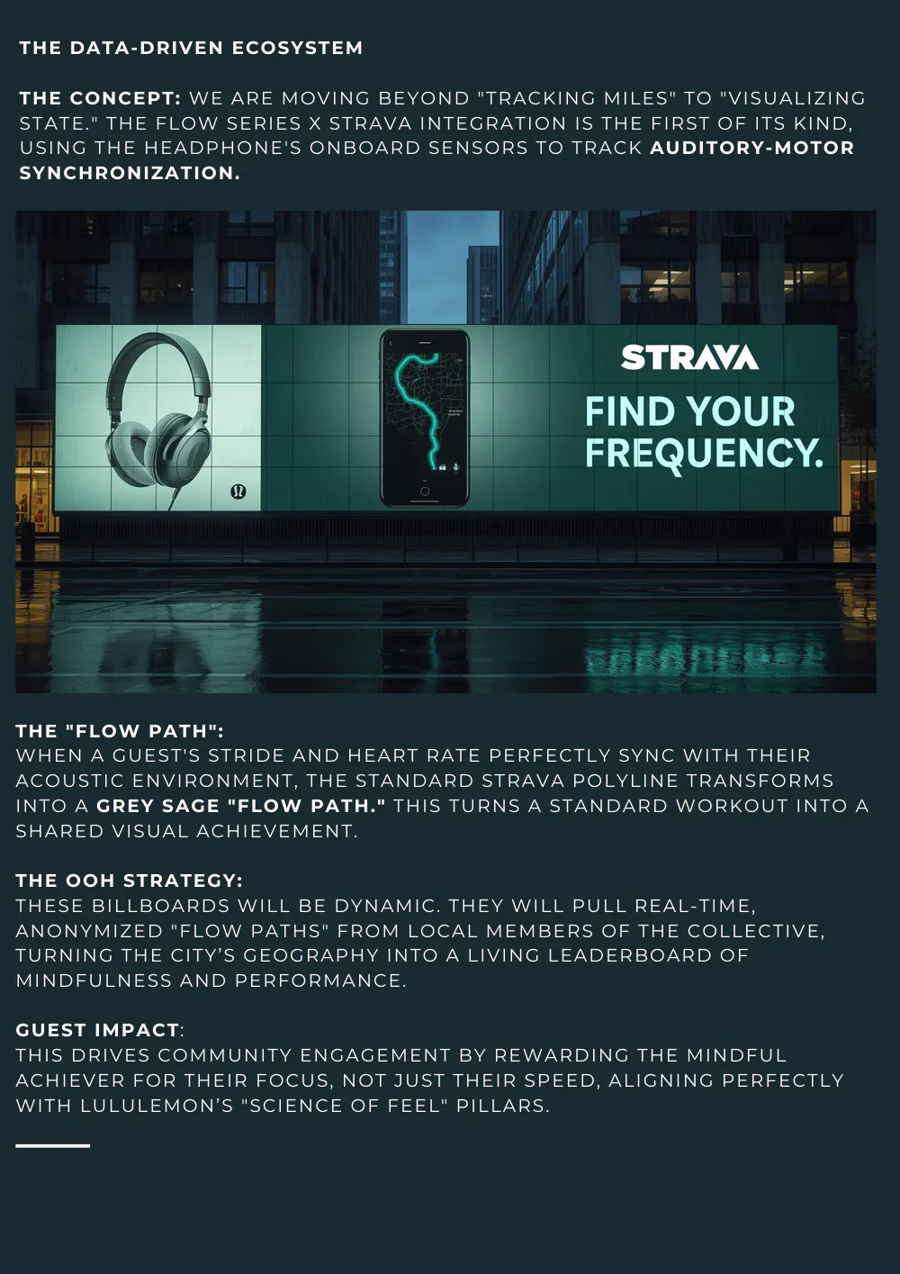Page two of the Strava proposal: a mocked-up city billboard with Flow Series headphones, a phone showing a glowing route and the line 'Strava. Find your frequency.', above sections headed The Flow Path, The OOH Strategy and Guest Impact.