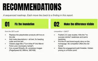 Thumbnail of the recommendations slide: a bold Recommendations heading above the first two of its three numbered green headers.