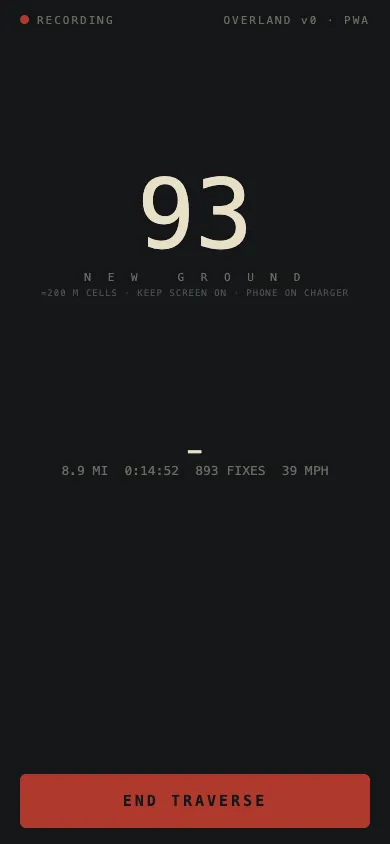 The Overland web recorder on a phone, mid-traverse: 93 cells of new ground, 8.9 miles, 14 minutes 52 seconds, 893 location fixes, and a red End traverse button.