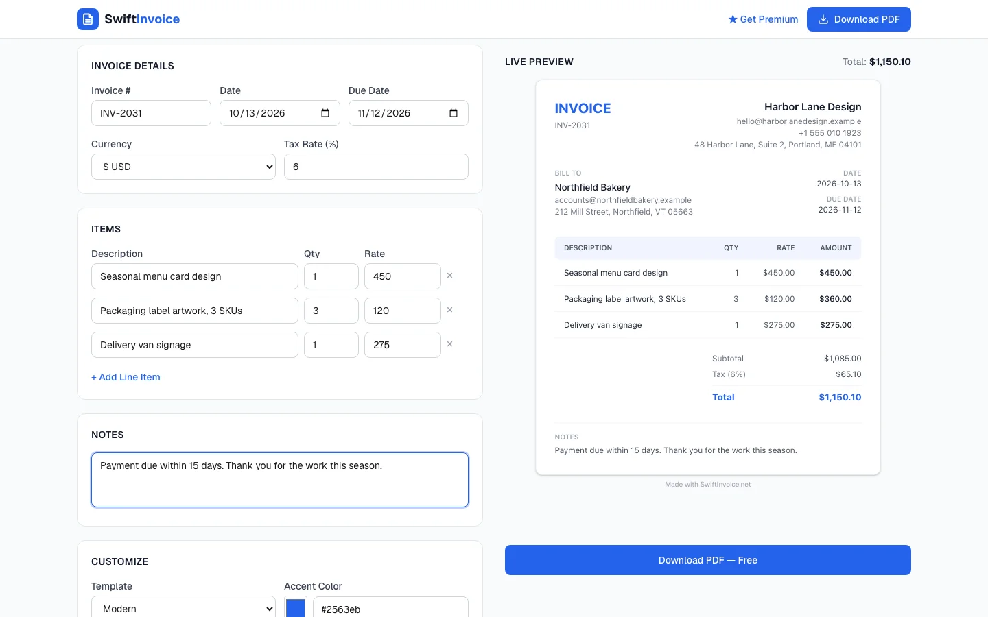 SwiftInvoice desktop view: an invoice form on the left for Harbor Lane Design billing Northfield Bakery, and a live preview on the right totaling $1,150.10.