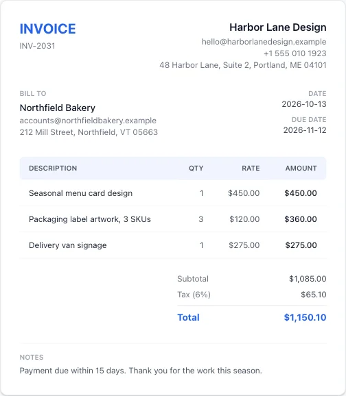 A cropped view of the invoice preview panel alone, the same layout html2pdf.js exports to PDF, showing three line items and a total of $1,150.10.