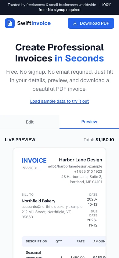 The same phone-width page switched to the Preview tab, showing the rendered invoice for Northfield Bakery.