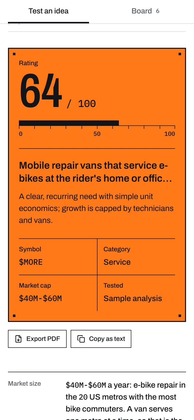 A result on a phone: the orange plate spans the screen with the rating 64 out of 100, the scale, the idea, the rationale and a two-by-two grid of symbol, category, market cap and sample label.